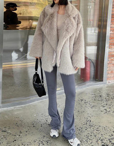 Grey Brown Lapel Medium and Long Warm Plush Fur Women Winter Coat