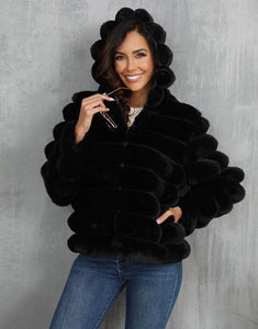 Black Hooded Short Warm Plush High quality Fluffy Fur Women Winter Coat