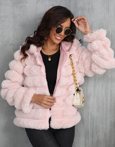 Black Hooded Short Warm Plush High quality Fluffy Fur Women Winter Coat