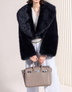 Black Lapel Short Warm High quality Fluffy Fur Women Winter Coat