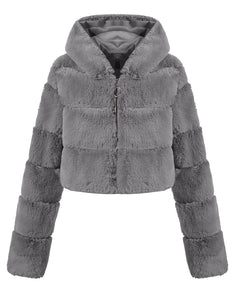 Khaki Hooded High quality Fashion Warm Fluffy Fur Women Winter Short Coat