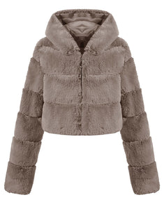 Khaki Hooded High quality Fashion Warm Fluffy Fur Women Winter Short Coat