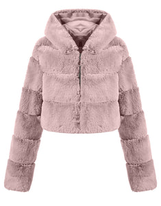 Khaki Hooded High quality Fashion Warm Fluffy Fur Women Winter Short Coat