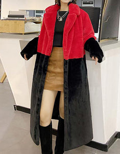 Red Black Fashion Lapel Loose Warm Fluffy Fur Women Winter Long Coat