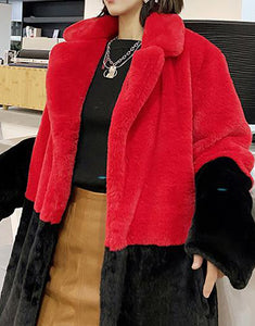 Red Black Fashion Lapel Loose Warm Fluffy Fur Women Winter Long Coat