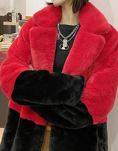 Red Black Fashion Lapel Loose Warm Fluffy Fur Women Winter Long Coat