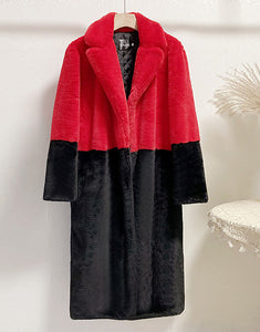 Red Black Fashion Lapel Loose Warm Fluffy Fur Women Winter Long Coat