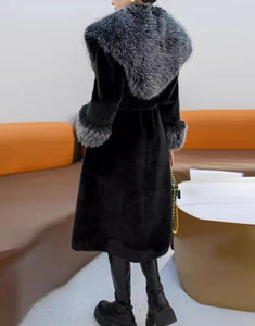 Black Fashion Lapel Warm Fluffy Fur Women Winter Long Coat with Belt