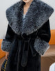 Black Fashion Lapel Warm Fluffy Fur Women Winter Long Coat with Belt