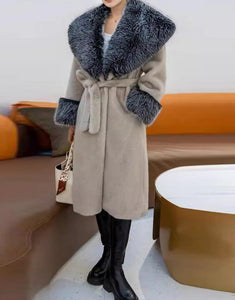 Black Fashion Lapel Warm Fluffy Fur Women Winter Long Coat with Belt