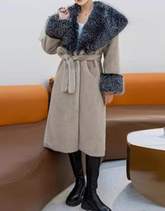 Black Fashion Lapel Warm Fluffy Fur Women Winter Long Coat with Belt