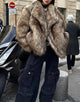 Grey Brown Fashion Lapel Loose Warm Fluffy Fur Women Winter Long Coat