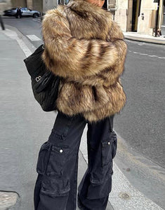 Grey Brown Fashion Lapel Loose Warm Fluffy Fur Women Winter Long Coat