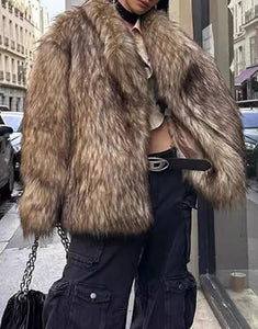 Grey Brown Fashion Lapel Loose Warm Fluffy Fur Women Winter Long Coat