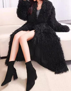 Black Fashion Loose Warm Plush Curly wool fur Warm Plush Long Women Coat