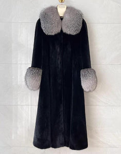 Black New Fox Fur Collar Long Velvet Casual Warm Fur Women Coat