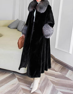 Black New Fox Fur Collar Long Velvet Casual Warm Fur Women Coat