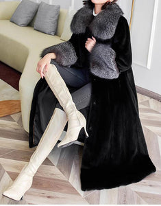 Black New Fox Fur Collar Long Velvet Casual Warm Fur Women Coat