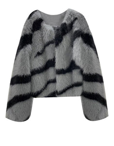 Grey Zebra Fur Fashion Short Plush Cardigan Top Women Coat