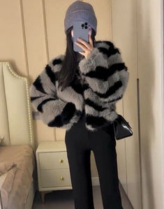 Grey Zebra Fur Fashion Short Plush Cardigan Top Women Coat