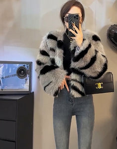 Grey Zebra Fur Fashion Short Plush Cardigan Top Women Coat