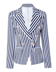 White Blue Stripe Peaked Lapel Women Slim Fit Blazer