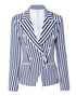White Blue Stripe Peaked Lapel Women Slim Fit Blazer