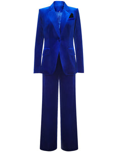 Royal Blue Velvet Notched Lapel Single Button Women Suit