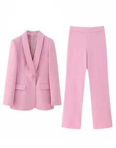 Pink Shawl Lapel Single Buckle 2 Pieces Women Suit