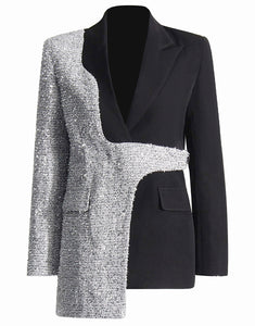 Fashion Silver Black Peaked Lapel Slim Fit Women Blazer