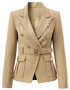 Light Brown Peaked Lapel Single Buckle Women Blazer with Belt