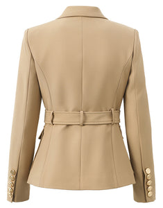 Light Brown Peaked Lapel Single Buckle Women Blazer with Belt