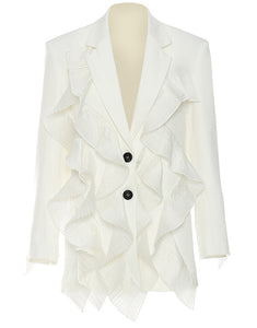 White Notched Lapel Ruffles Single Breasted Women Blazer