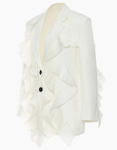 White Notched Lapel Ruffles Single Breasted Women Blazer