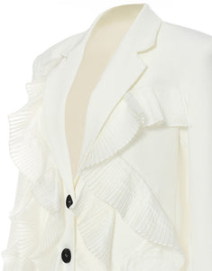 White Notched Lapel Ruffles Single Breasted Women Blazer