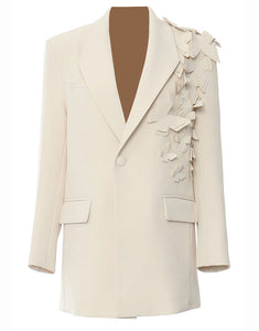 Beige Large Shawl Lapel Single Buckle 3D Butterflies Women Blazer