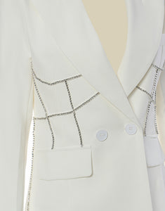 White Peaked Lapel Double Buckle Crystal Decorate Slim Fit Women Blazer