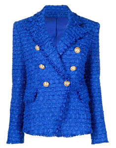 Royal Blue Notched Lapel Double Breasted Tassel Women Blazer