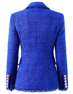 Royal Blue Notched Lapel Double Breasted Tassel Women Blazer