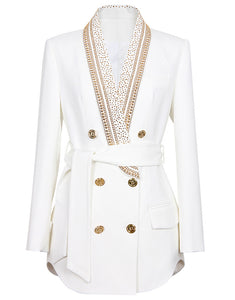 White Shawl Lapel Double Breasted Beading Women Blazer with Belt