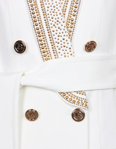 White Shawl Lapel Double Breasted Beading Women Blazer with Belt