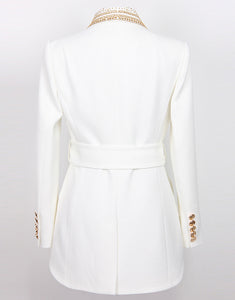 White Shawl Lapel Double Breasted Beading Women Blazer with Belt