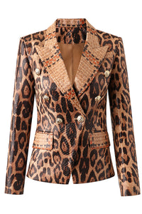 Leopard Print Peaked Lapel Single Buckle Slim Fit Women Blazer