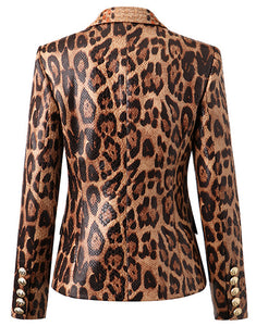 Leopard Print Peaked Lapel Single Buckle Slim Fit Women Blazer