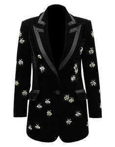 Black Peaked Lapel Crystal Decorate Single Buckle Slim Fit Women Blazer