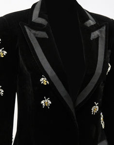 Black Peaked Lapel Crystal Decorate Single Buckle Slim Fit Women Blazer