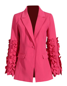 Fuchsia Notched Lapel Single Buckle 2 piece Ruffles Sleeve Women Suit