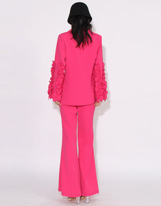 Fuchsia Notched Lapel Single Buckle 2 piece Ruffles Sleeve Women Suit