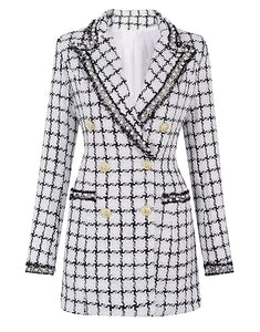 Mix Black Grid Peaked Lapel Slim Fit Long Women Coat