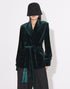 Dark Green Shawl Lapel Velvet Slim Fit Women Coat with Belt